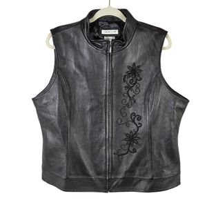 Coldwater Creek Black Leather Embroidered Floral Bikercore Vest